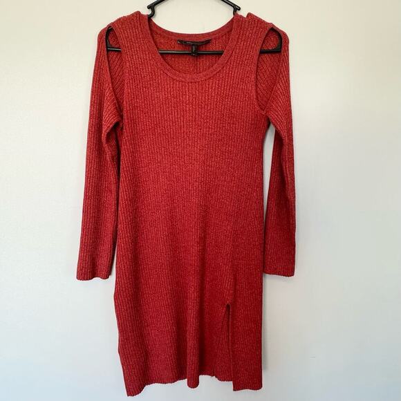 BCBGMAXAZRIA Rust Ribbed Knit Long Sleeve Dress‎ Cutout Shoulder Slit - Picture 2 of 7